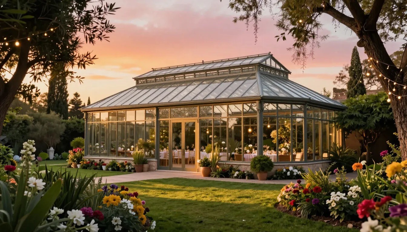 Fachada de cristal de Quinta El Vergel al atardecer, rodeada de jardines floridos.